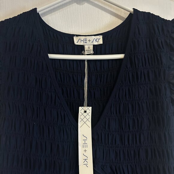 SHE + SKY Navy Blue Smocked Tiered Mini Dress – Size S (NWT) - Picture 2 of 3